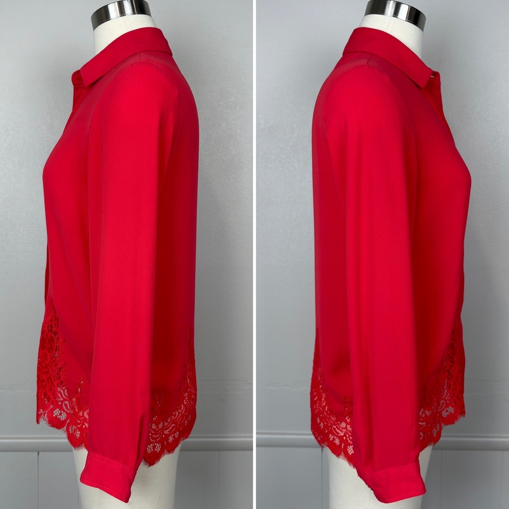 The Kooples Chiffon & Lace Red Blouse Size XXS Button Up Long Sleeve Lace Hem - Picture 6 of 16